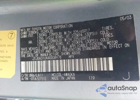 2004 Lexus Rx 330 z USA, uszkodzony, nr VIN JTJGA31UX40008978